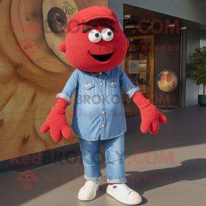 Red Meatballs mascot costume character dressed with a Denim Shirt and Foot pads