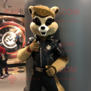 Gold Skunk mascot costume character dressed with a Biker Jacket and Bracelet watches