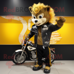Gold Skunk mascot costume character dressed with a Biker Jacket and Bracelet watches