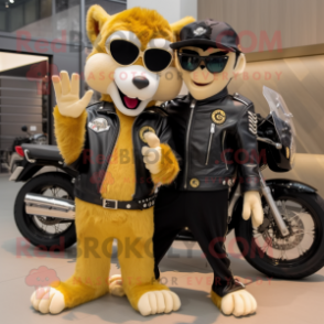 Gold Skunk mascot costume character dressed with a Biker Jacket and Bracelet watches