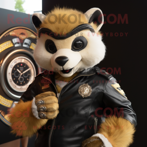 Gold Skunk mascot costume character dressed with a Biker Jacket and Bracelet watches