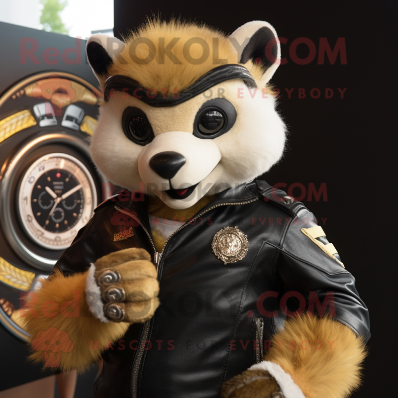 Gold Skunk mascot costume character dressed with a Biker Jacket and Bracelet watches Gold Skunk mascot costume character dressed with a Biker Jacket and Bracelet watches