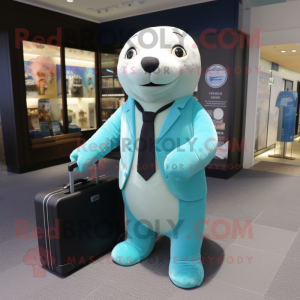 Cyan Sea Lion mascot costume character dressed with a Suit and Briefcases