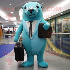 Cyan Sea Lion mascot costume character dressed with a Suit and Briefcases