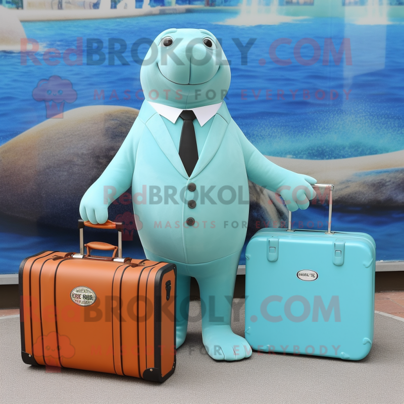 Cyan Sea Lion mascot costume character dressed with a Suit and Briefcases Cyan Sea Lion mascot costume character dressed with a Suit and Briefcases
