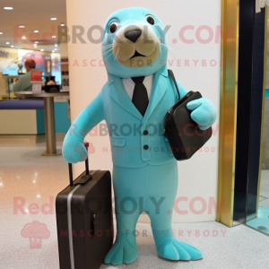Cyan Sea Lion mascot costume character dressed with a Suit and Briefcases