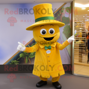 Gold Zucchini mascot costume character dressed with a Jumpsuit and Hat pins