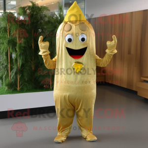 Gold Zucchini mascot costume character dressed with a Jumpsuit and Hat pins