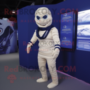 Navy Mummy mascot costume character dressed with a Suit Pants and Brooches