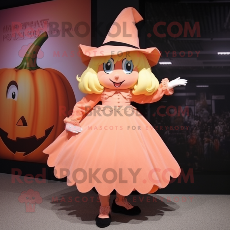 Peach Witch mascot costume character dressed with a Culottes and Shoe clips Peach Witch mascot costume character dressed with a Culottes and Shoe clips