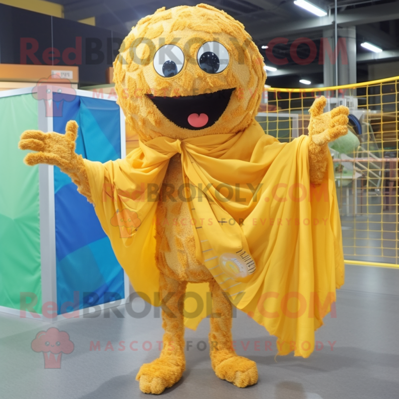 Gold Volleyball Net mascot costume character dressed with a Raincoat and Scarf clips Gold Volleyball Net mascot costume character dressed with a Raincoat and Scarf clips