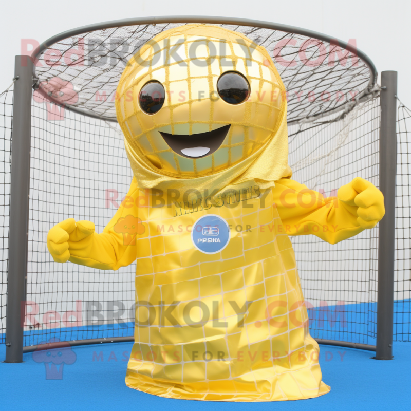 Gold Volleyball Net mascot costume character dressed with a Raincoat and Scarf clips Gold Volleyball Net mascot costume character dressed with a Raincoat and Scarf clips
