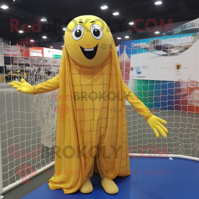 Gold Volleyball Net mascot costume character dressed with a Raincoat and Scarf clips Gold Volleyball Net mascot costume character dressed with a Raincoat and Scarf clips