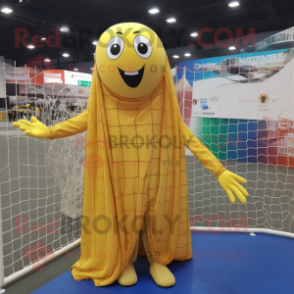 Gold Volleyball Net mascot costume character dressed with a Raincoat and Scarf clips