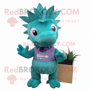 Teal Stegosaurus mascot costume character dressed with a Dungarees and Headbands