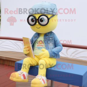 nan Lemon mascot costume character dressed with a Denim Shorts and Reading glasses