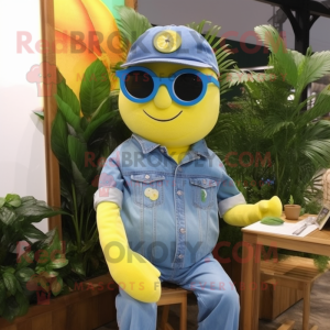 nan Lemon mascot costume character dressed with a Denim Shorts and Reading glasses