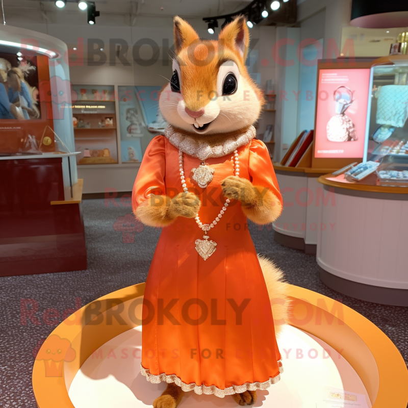 Orange Squirrel mascot costume character dressed with a Empire Waist Dress and Necklaces