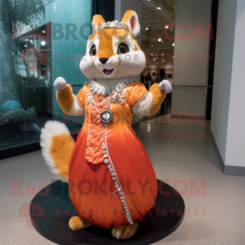 Orange Squirrel mascot costume character dressed with a Empire Waist Dress and Necklaces