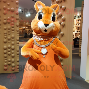 Orange Squirrel mascot costume character dressed with a Empire Waist Dress and Necklaces