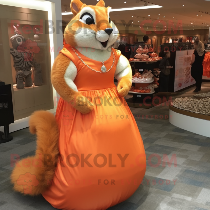 Orange Squirrel mascot costume character dressed with a Empire Waist Dress and Necklaces
