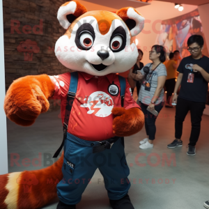 Rust Red Panda mascot costume character dressed with a Boyfriend Jeans and Cummerbunds