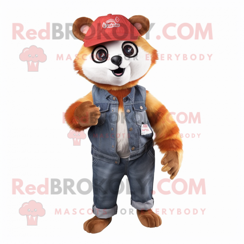 Rust Red Panda mascot costume character dressed with a Boyfriend Jeans and Cummerbunds