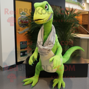 Lime Green Utahraptor mascot costume character dressed with a Henley Shirt and Scarf clips