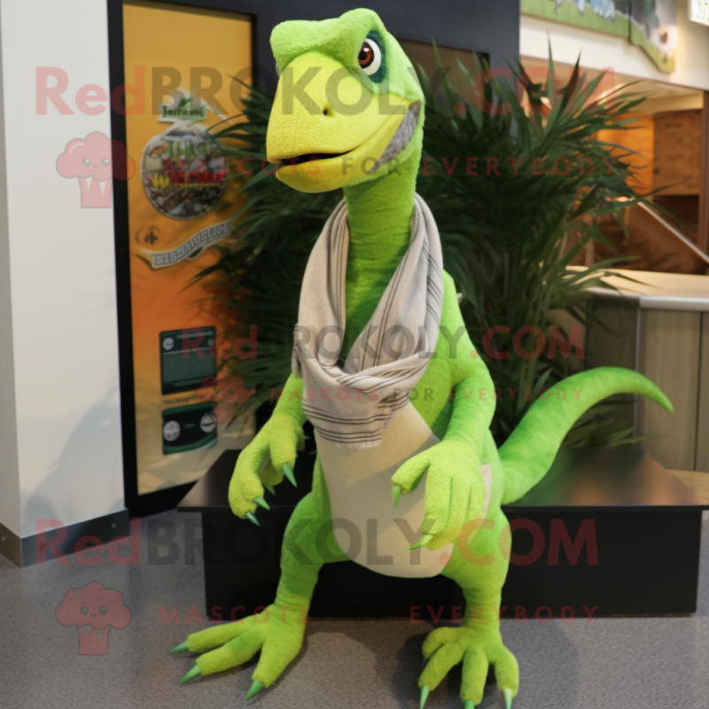 Lime Green Utahraptor mascot costume character dressed with a Henley Shirt and Scarf clips