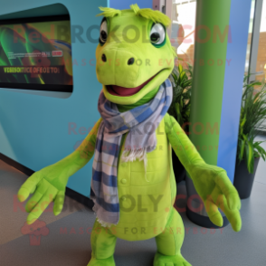 Lime Green Utahraptor mascot costume character dressed with a Henley Shirt and Scarf clips