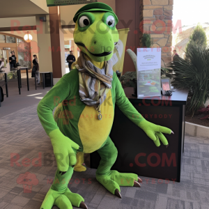 Lime Green Utahraptor mascot costume character dressed with a Henley Shirt and Scarf clips