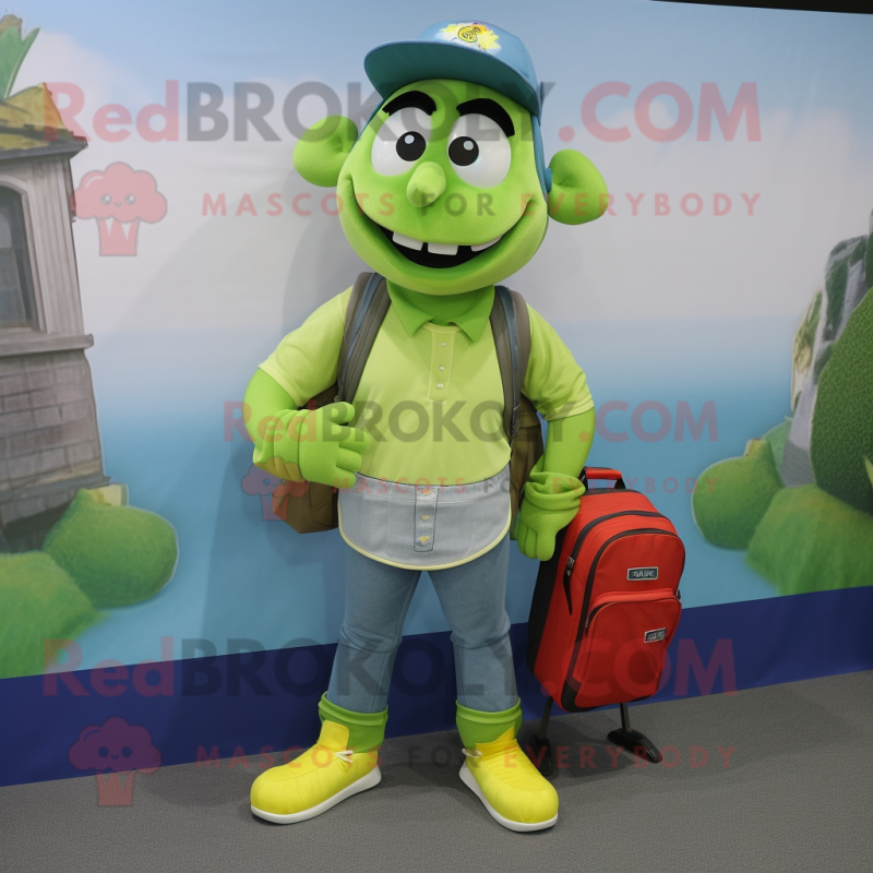 Lime Green Moussaka mascot costume character dressed with a Chambray Shirt and Backpacks