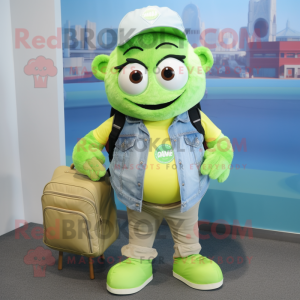 Lime Green Moussaka mascot costume character dressed with a Chambray Shirt and Backpacks