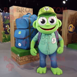 Lime Green Moussaka mascot costume character dressed with a Chambray Shirt and Backpacks