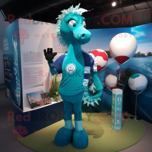 Teal Sea Horse mascot costume character dressed with a Rugby Shirt and Hairpins