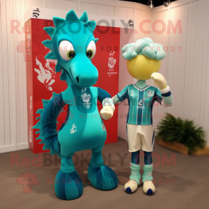 Teal Sea Horse mascot costume character dressed with a Rugby Shirt and Hairpins