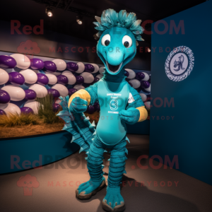 Teal Sea Horse mascot costume character dressed with a Rugby Shirt and Hairpins