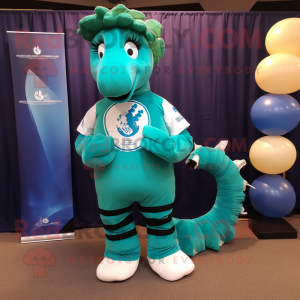 Teal Sea Horse mascot costume character dressed with a Rugby Shirt and Hairpins