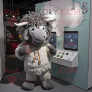 Gray Yak mascot costume character dressed with a Romper and Coin purses