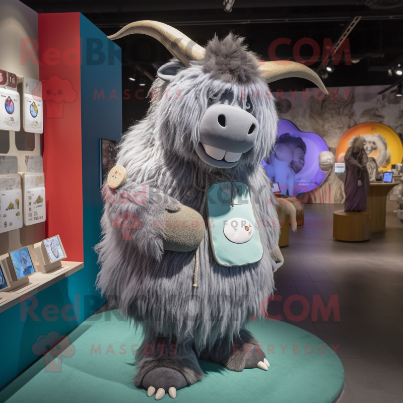 Gray Yak mascot costume character dressed with a Romper and Coin purses