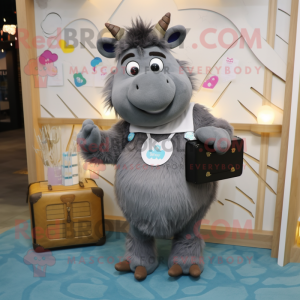 Gray Yak mascot costume character dressed with a Romper and Coin purses