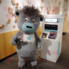 Gray Yak mascot costume character dressed with a Romper and Coin purses