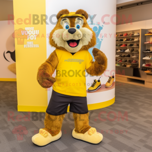 Yellow Marmot mascot costume character dressed with a Graphic Tee and Shoe clips