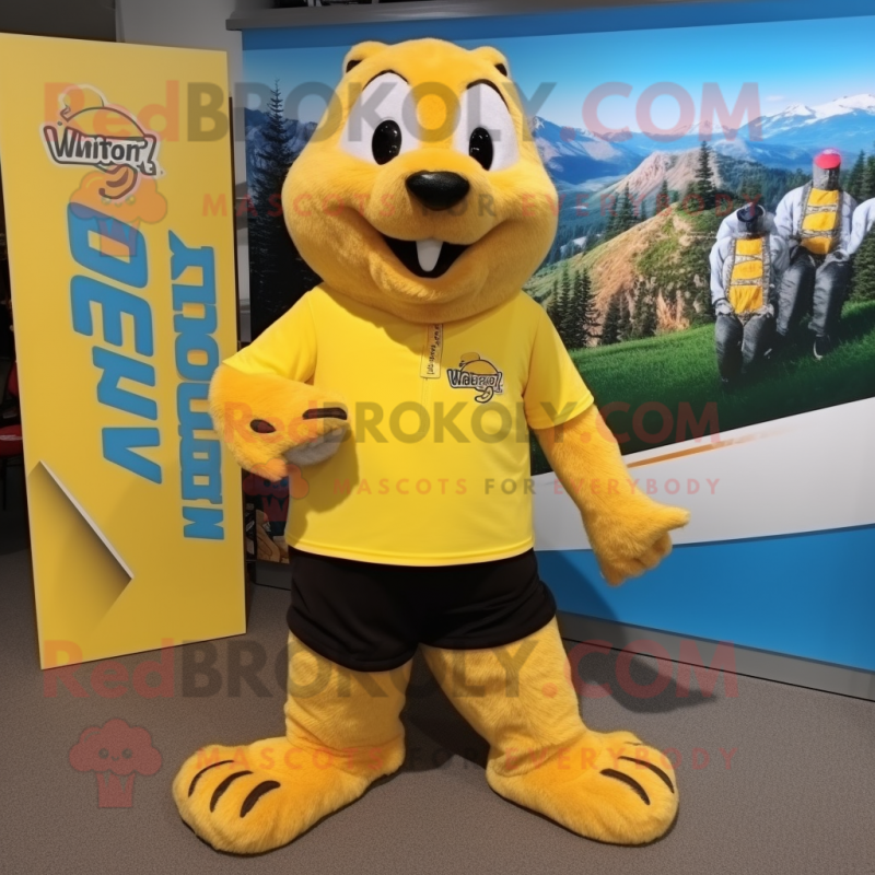 Yellow Marmot mascot costume character dressed with a Graphic Tee and Shoe clips