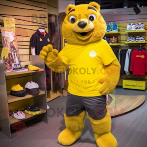 Yellow Marmot mascot costume character dressed with a Graphic Tee and Shoe clips