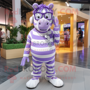 Lavender Zebra mascot costume character dressed with a Cargo Shorts and Eyeglasses