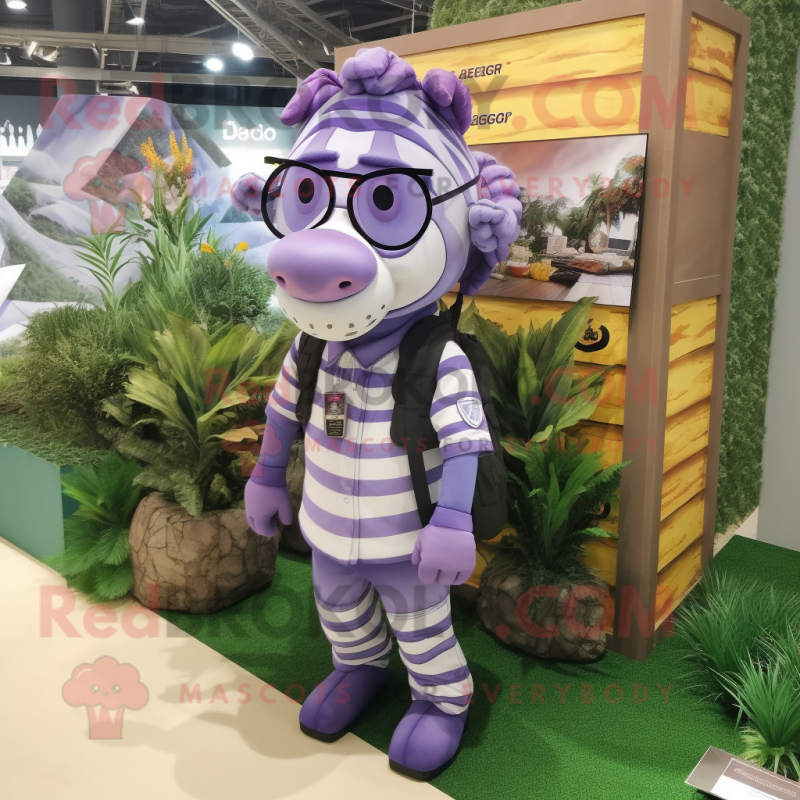 Lavender Zebra mascot costume character dressed with a Cargo Shorts and Eyeglasses