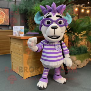 Lavender Zebra mascot costume character dressed with a Cargo Shorts and Eyeglasses