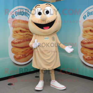 Beige Bagels mascot costume character dressed with a Henley Shirt and Shoe clips