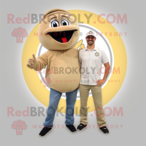 Beige Bagels mascot costume character dressed with a Henley Shirt and Shoe clips